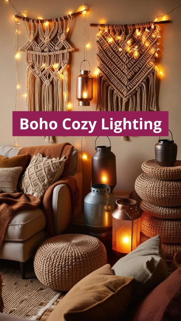 Boho-style rattan pendant light and Moroccan lanterns and fairy lights creating a warm, inviting glow.