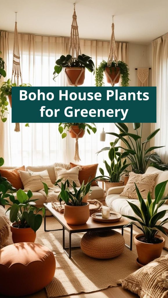 Lush boho living room filled with potted plants, hanging greenery, and woven baskets.