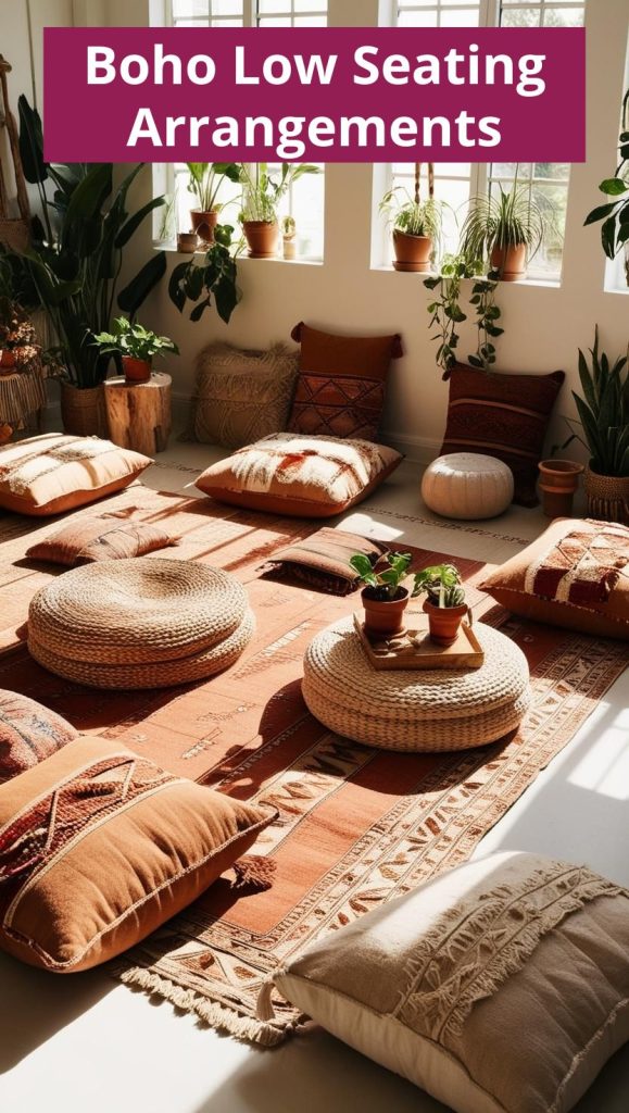 Relaxed boho living room with floor cushions, poufs, and a low basket coffee table.