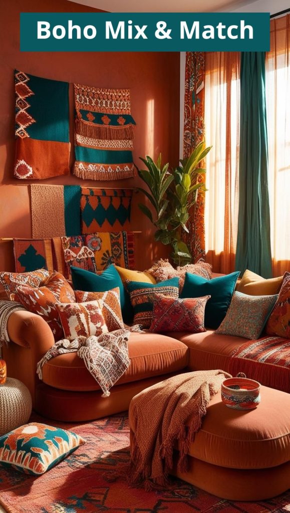 Boho living room with patterned rugs, geometric pillows, and a bold textile sofa.