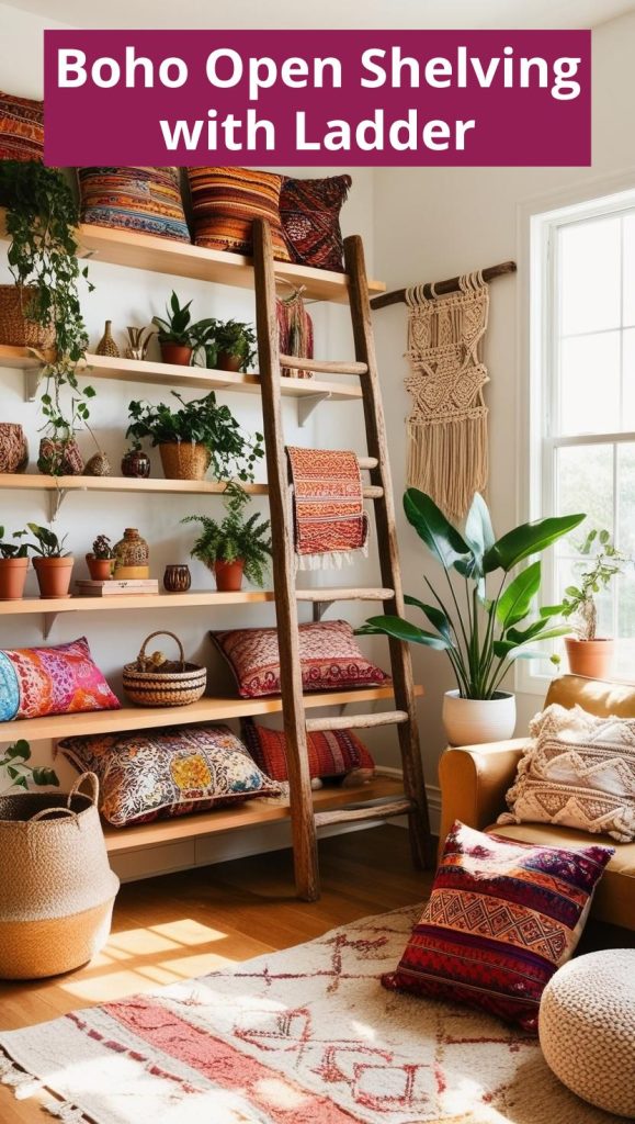 curated boho shelves with books, woven baskets, ceramic vases, and macramé decor with ladder.