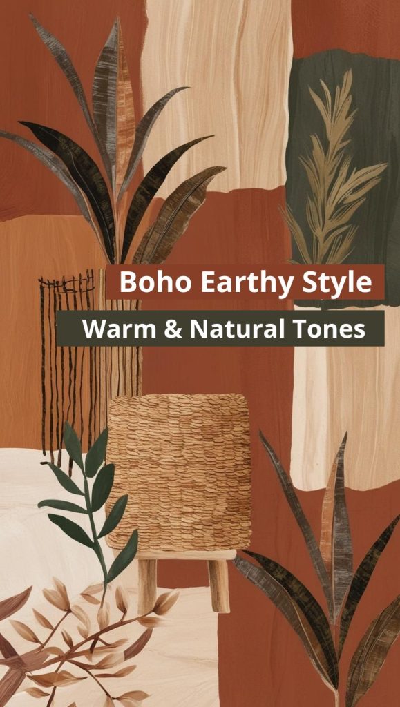 Warm-toned boho living room color palette ideas with terracotta mustard and dark earth greens.