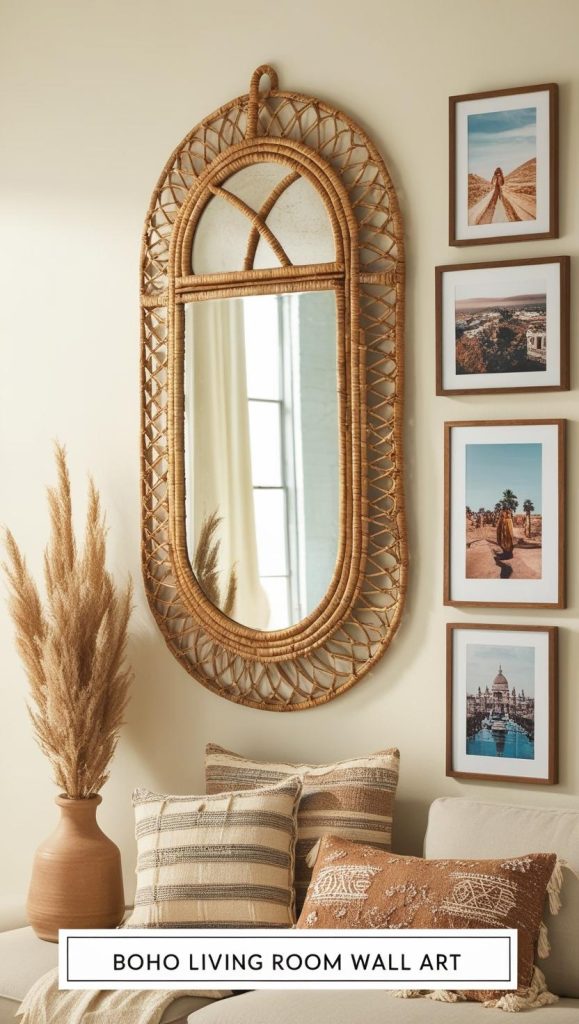 Boho gallery wall with framed art, woven basket mirror, and travel-inspired decor.