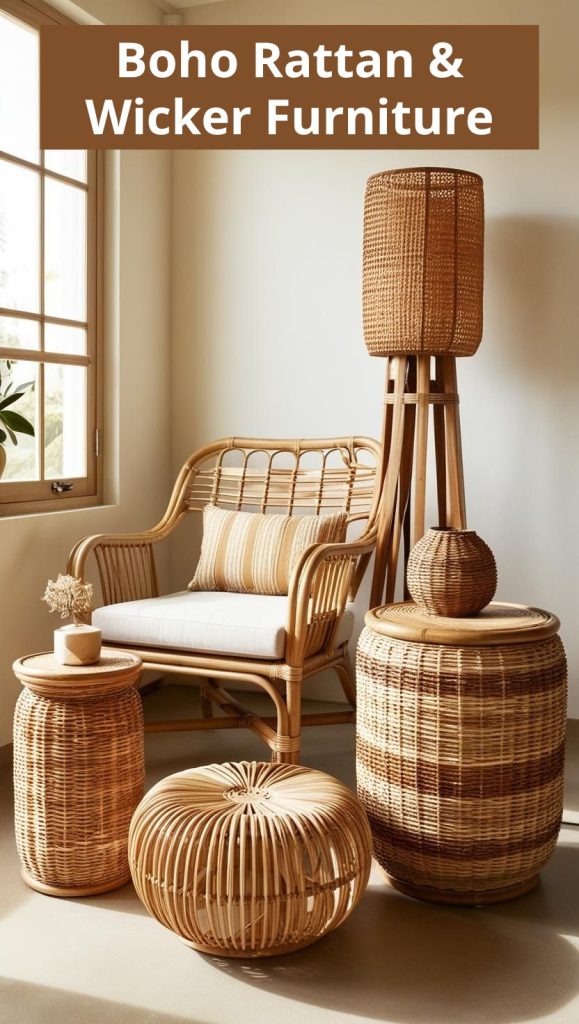 Bright boho space featuring a rattan chair, wicker coffee table, and cozy cushion.