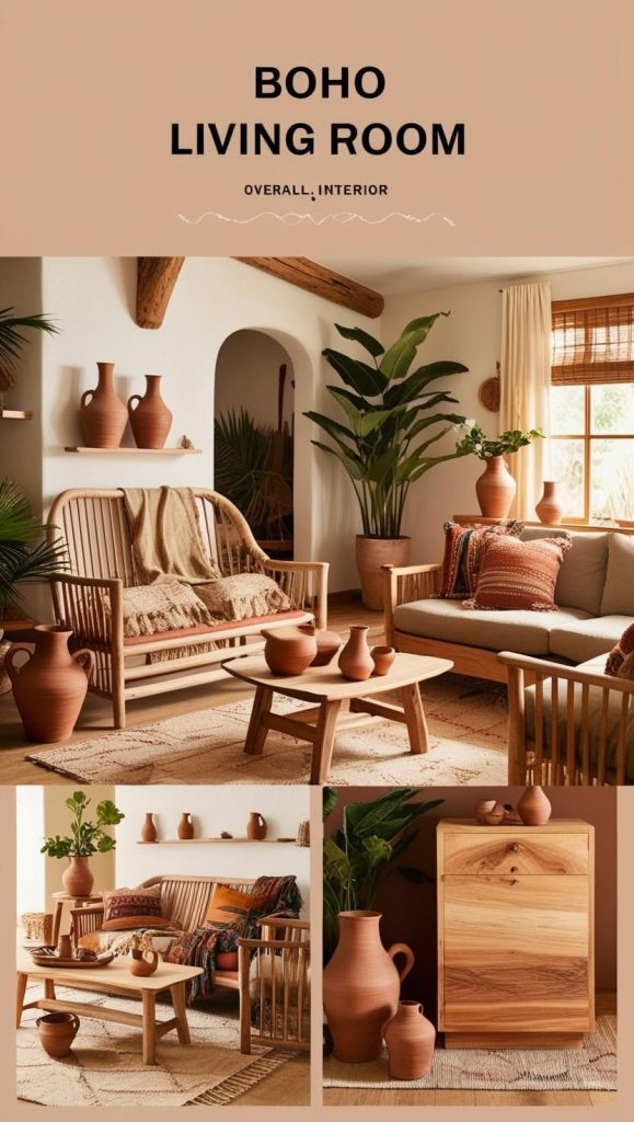 Earthy boho space with rustic wooden furniture, jute rugs, and stone decor pieces