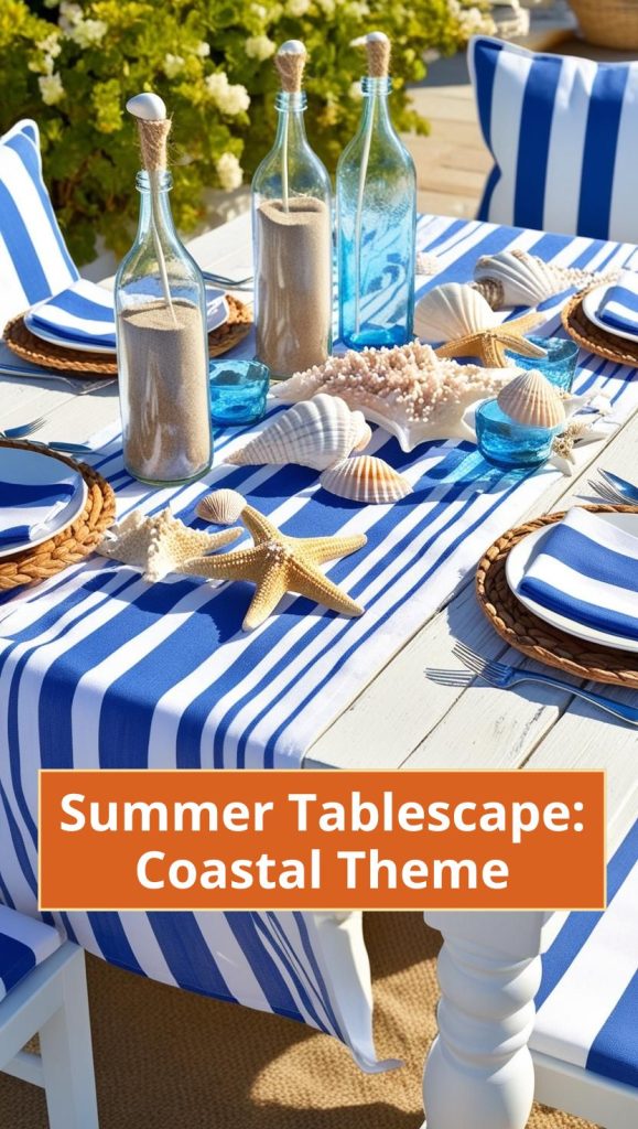 Coastal summer tablescape with blue and white decor, seashell accents, and driftwood centerpiece for a breezy beach vibe.