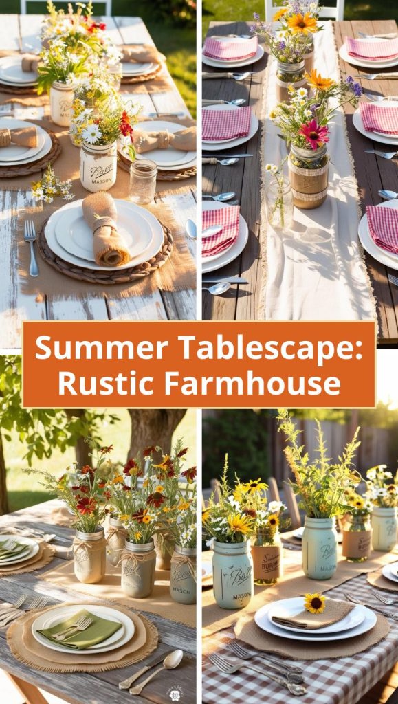 Rustic farmhouse summer tablescape with burlap runners, vintage dishes, and mason jar floral centerpieces.