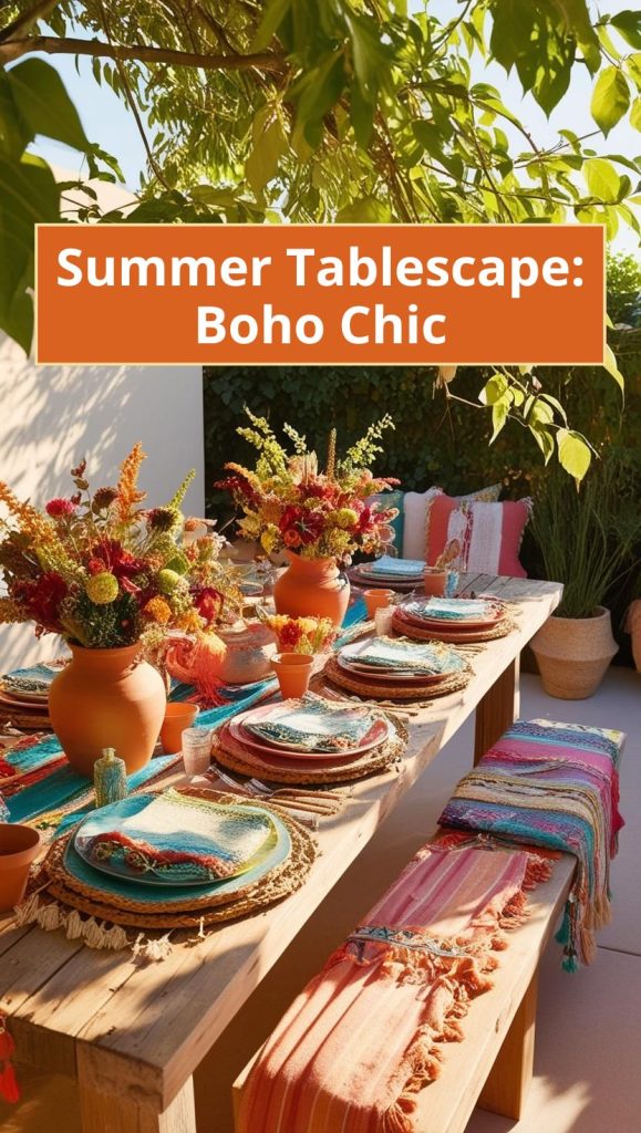 Boho-chic summer tablescape with woven placemats, mismatched dishware, and dreamy fairy lights for a relaxed atmosphere.