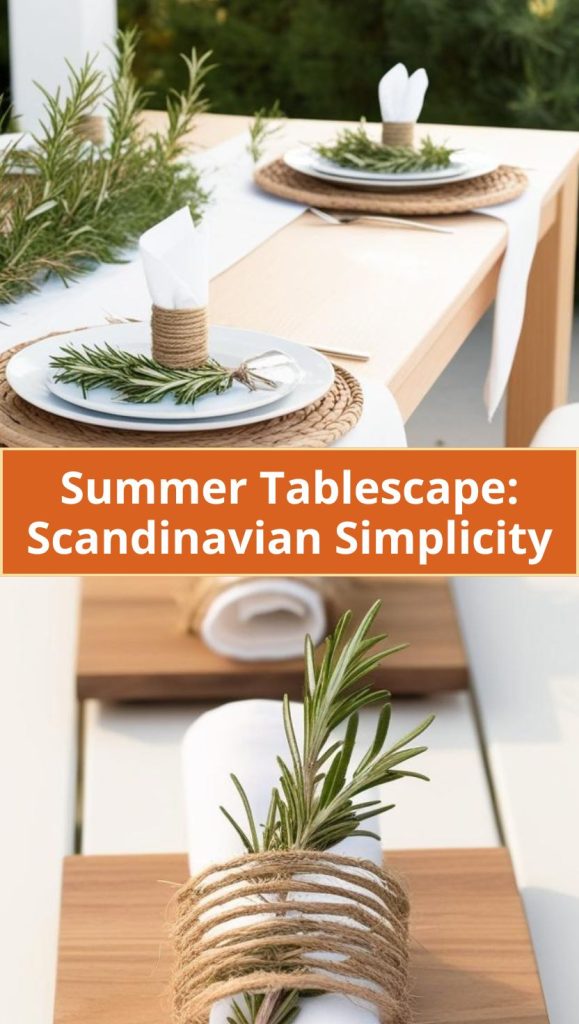 Minimalist Scandinavian-inspired tablescape with neutral tones, simple dishware, and fresh greenery for a clean summer aesthetic.