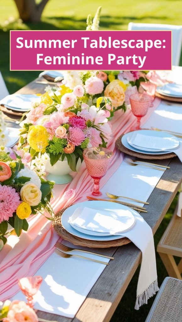 Garden party tablescape with pastel dishware, floral tablecloths, and fresh flowers for a charming outdoor brunch.