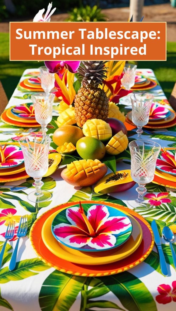 Tropical summer tablescape featuring palm leaf placemats, bold colors, and tiki-inspired decor for a vibrant island vibe.