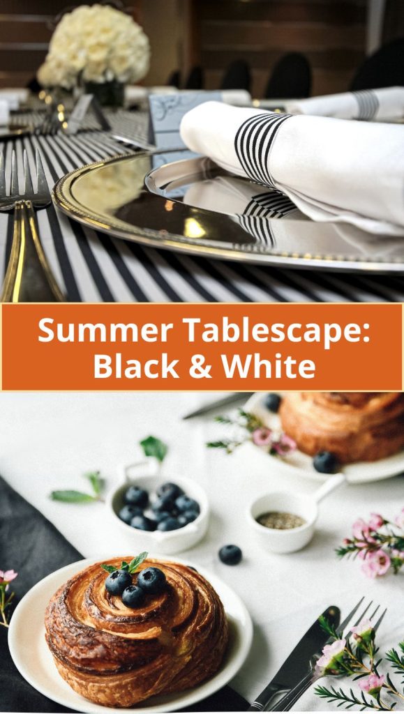 Elegant black and white tablescape with gold accents, tall candlesticks, and fresh white flowers for a sophisticated dinner setting.