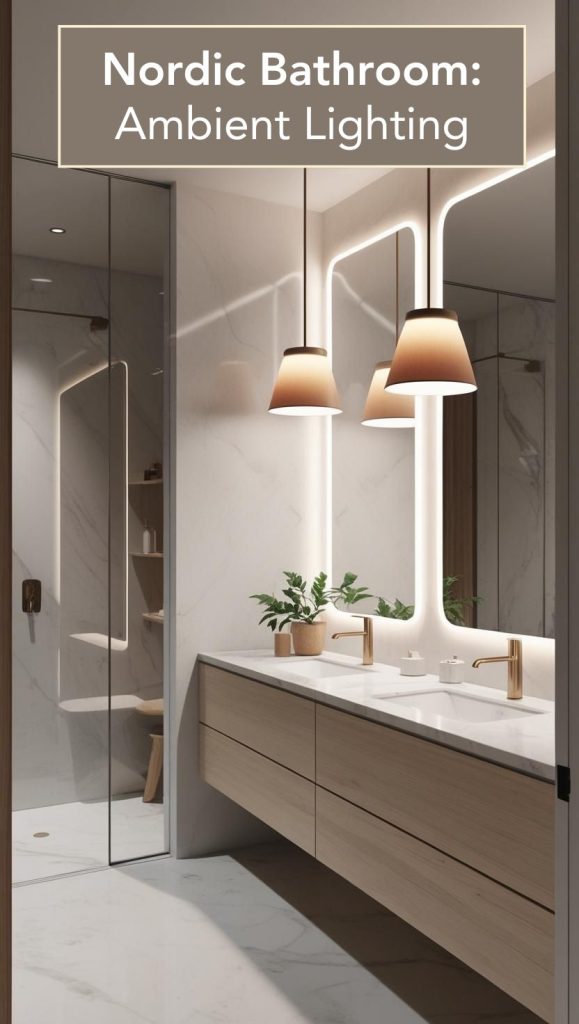 A cozy bathroom illuminated by warm pendant lights and a backlit mirror, creating a spa-like atmosphere.