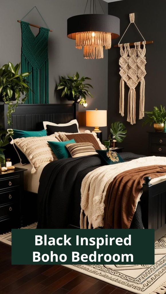 Black Boho Bedroom – A moody black boho bedroom with rich textures, dark walls, and bohemian-inspired natural elements.