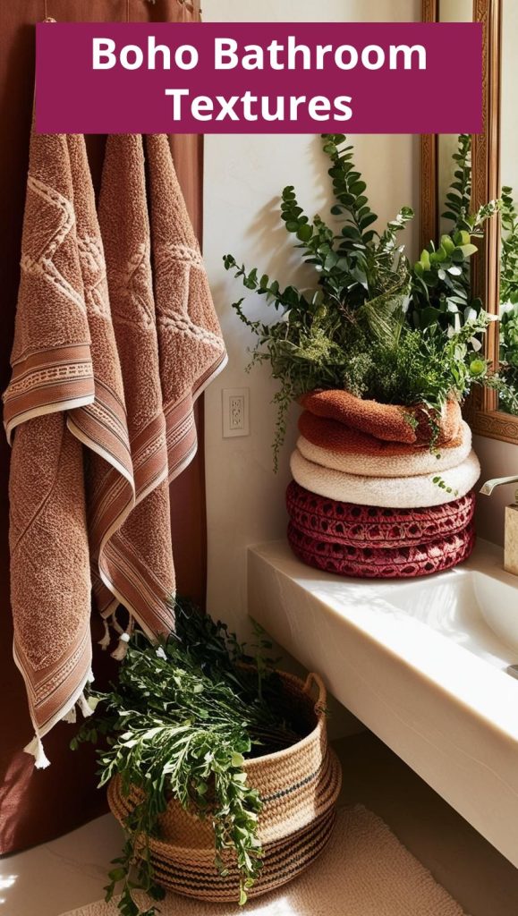 A boho-style bathroom featuring textures from towels and baskets.