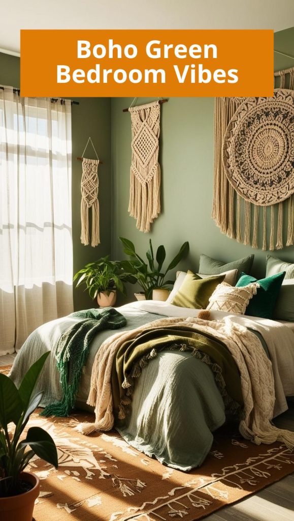 Green Boho Bedroom – A serene green boho bedroom with lush plants, rattan furniture, and cozy layered textiles.