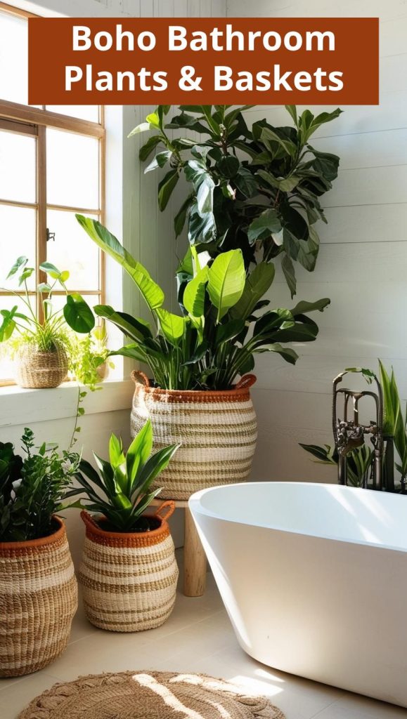 Green plants and baskets in a boho bathroom.