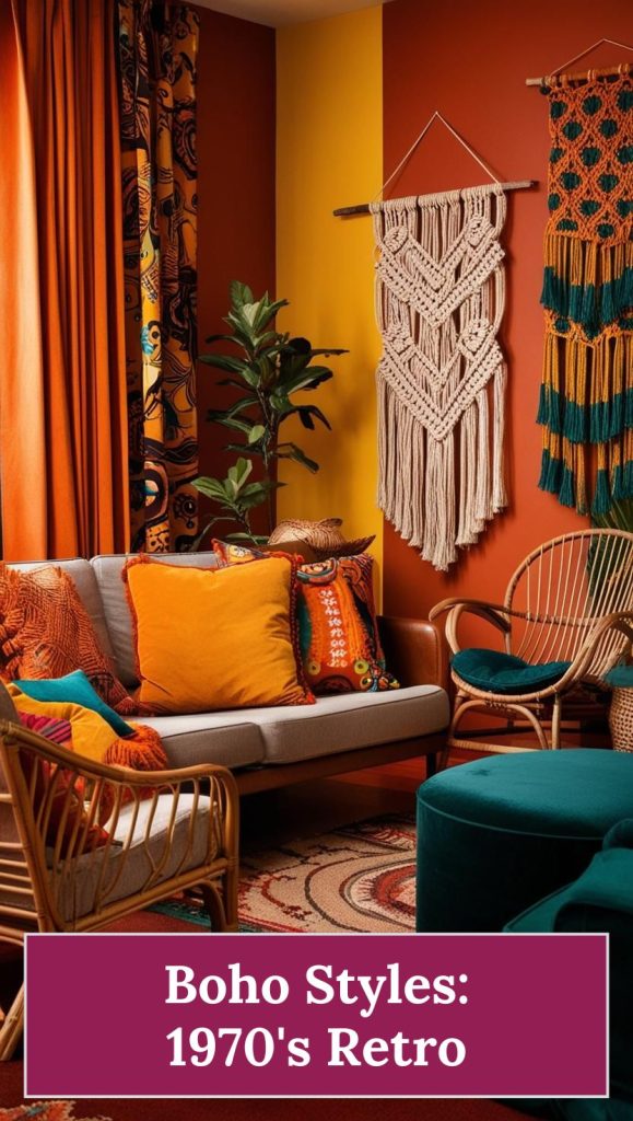 Vintage-inspired boho room with mustard yellow furniture, macramé wall hangings, and funky patterns.