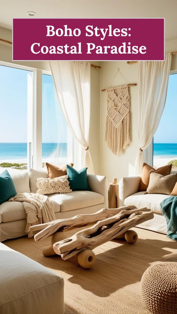 Breezy coastal boho bedroom with white linen bedding, driftwood accents, and ocean-inspired decor.