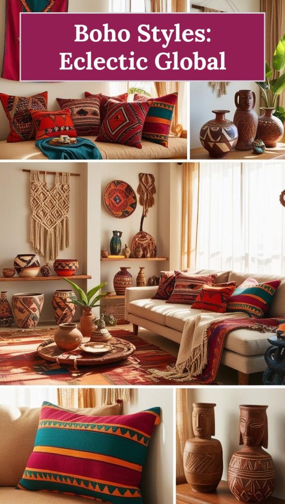 Vibrant boho living room with colorful Moroccan rugs, Turkish cushions, and a mix of cultural decor.