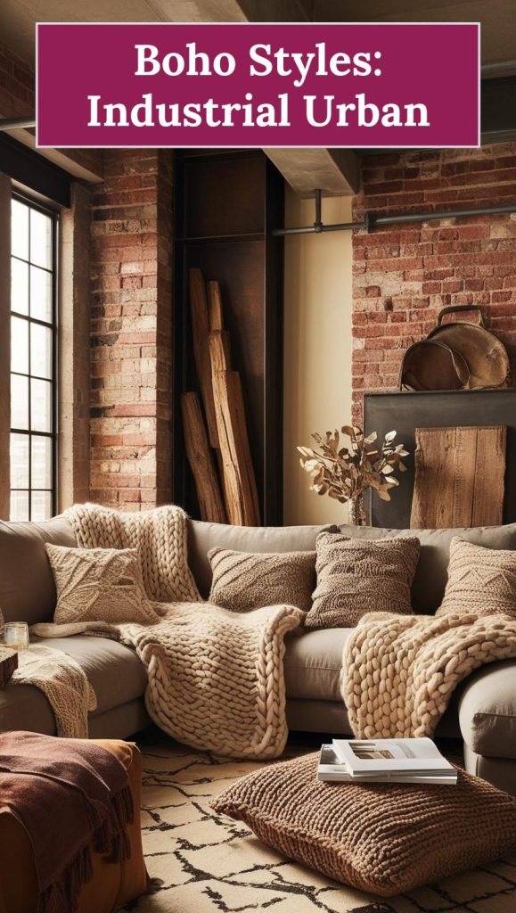 Urban loft-style boho space with exposed brick walls, industrial lighting, and cozy layered textiles.