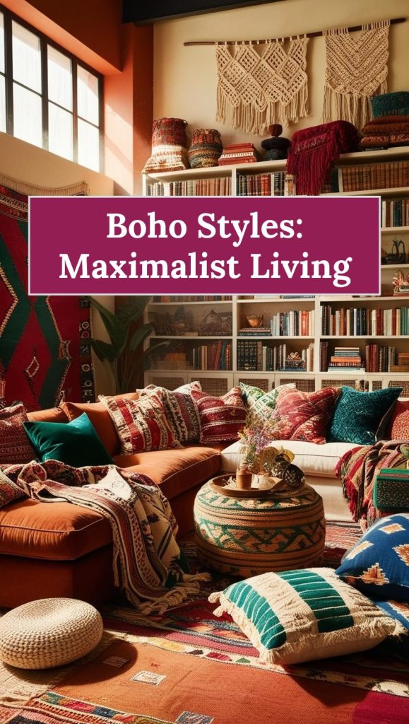 Bold and colorful boho space filled with layered rugs, patterned cushions, and eclectic wall art.