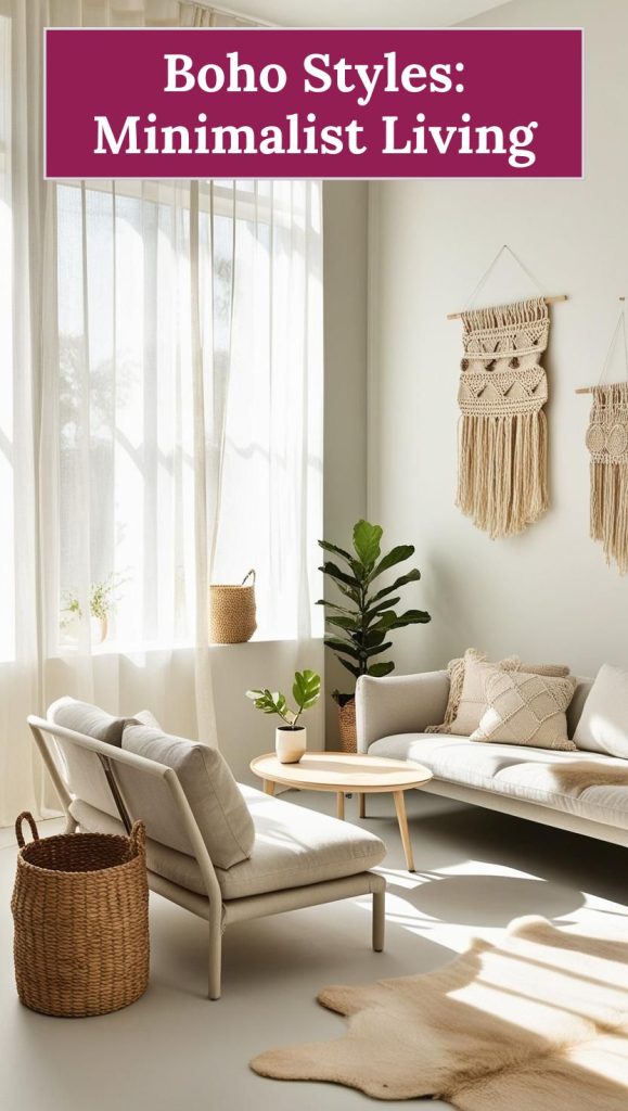 Simple, clutter-free boho space with a neutral color palette, natural textures, and soft lighting.