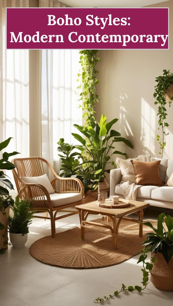 Minimalist living room with rattan furniture, neutral tones, and lush green plants