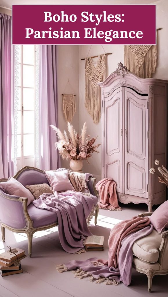 Chic Parisian boho apartment with antique furniture, pastel decor, and soft floral accents.