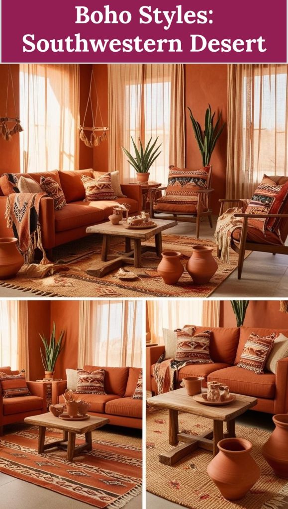 Warm-toned Southwestern boho living room with desert-inspired colors, cacti, and tribal prints.