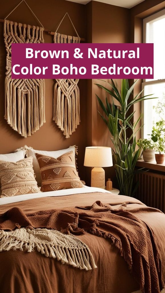 Brown Boho Bedroom – A warm brown boho bedroom with earthy tones, wooden furniture, and textured linen bedding.