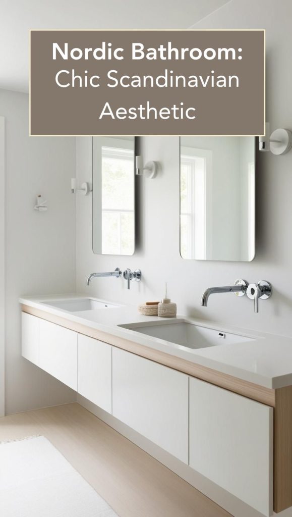 A modern, Scandinavian-inspired bathroom with a floating vanity, wall-mounted faucets, and a frameless round mirror.