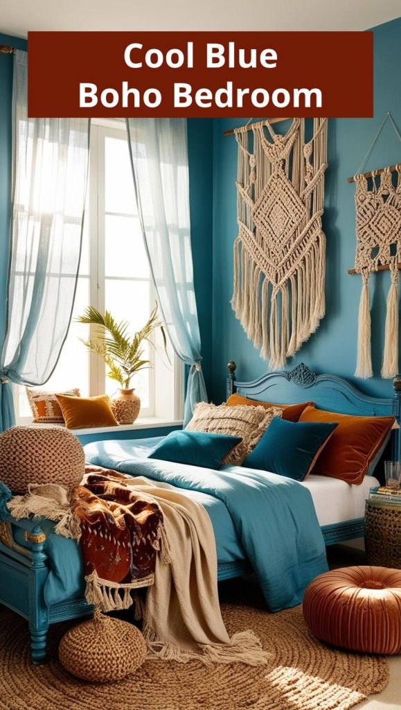 Blue Boho Bedroom – A tranquil blue boho bedroom featuring indigo accents, macramé wall hangings, and rustic wood decor.