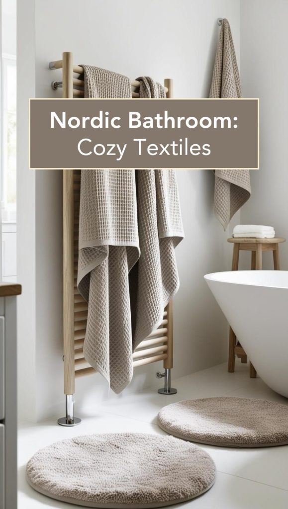 A bathroom with plush linen towels, a soft beige bath mat, and a woven basket filled with neatly rolled towels.