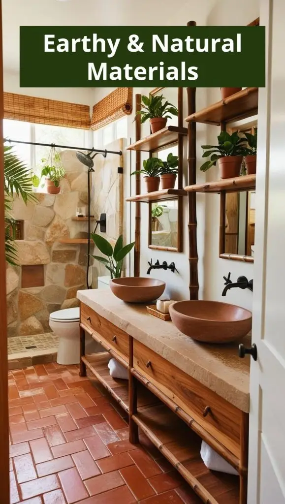 Boho bathroom with natural materials such as stone and clay pots.