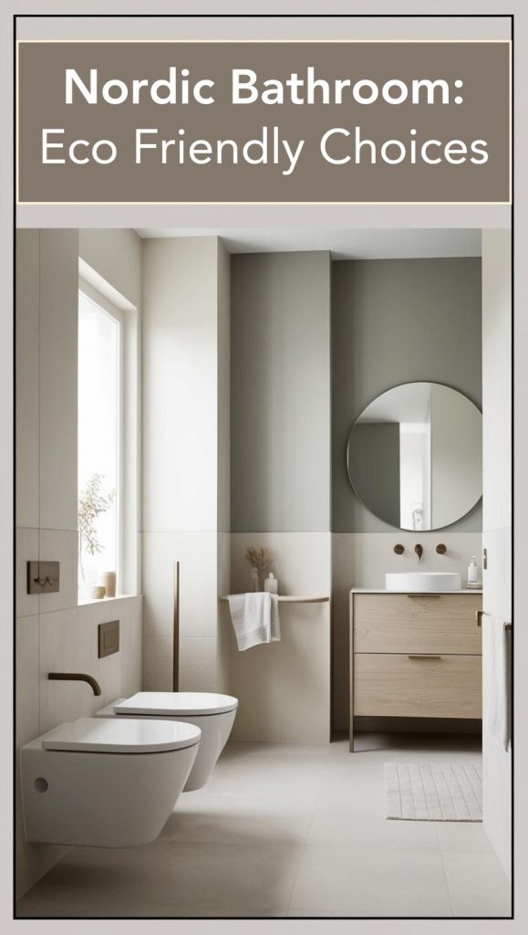 A Scandinavian-style bathroom featuring water-saving faucets, organic cotton towels, and eco-friendly bath products.