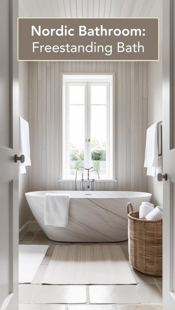 A sleek, freestanding white bathtub near a large window, with a wooden stool holding bath essentials and candles.