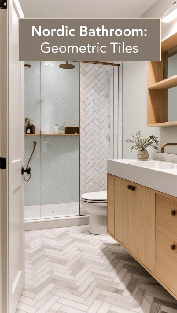 A modern Scandinavian bathroom with black-and-white hexagonal floor tiles and matte-finish gray wall tiles.