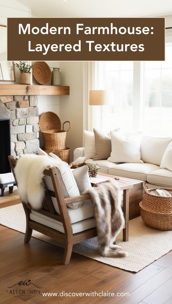 Layered textures in a farmhouse living room with knit throws, linen pillows, and a soft area rug.