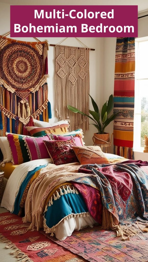 Multicolored Boho Bedroom – A vibrant multicolored boho bedroom with eclectic patterns, layered textiles, and a mix of bright and earthy tones.