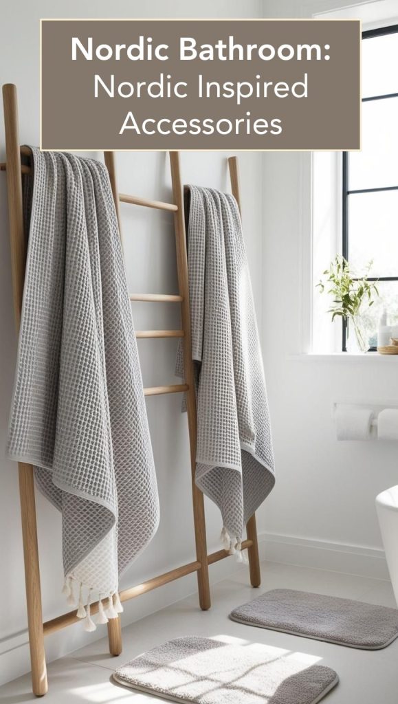 A minimalist bathroom with a framed monochrome print, handmade ceramic soap dispensers, and a sculptural wooden accent piece.