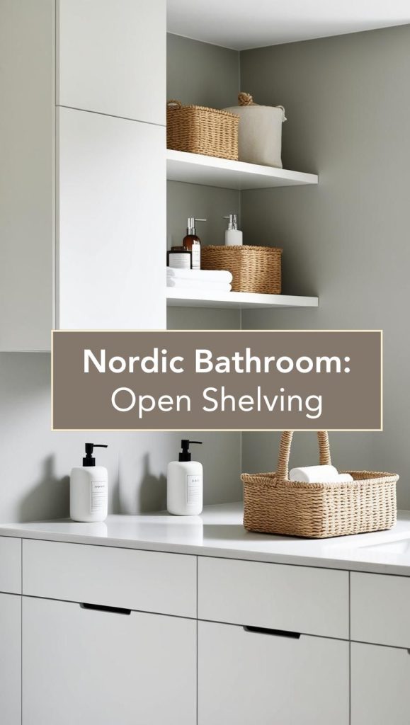 A bathroom with floating wooden shelves neatly arranged with towels, glass jars, and simple Nordic décor pieces.