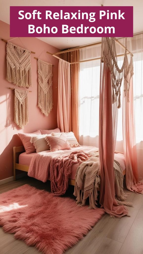 Pink Boho Bedroom – A soft pink boho bedroom with blush-toned bedding, vintage rugs, and woven textures for a cozy retreat.