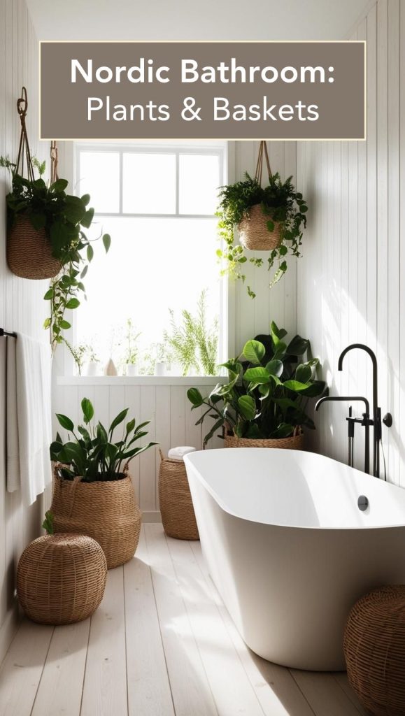 A Nordic-inspired bathroom featuring a hanging pothos plant, eucalyptus in a vase, and a minimalist ceramic planter.