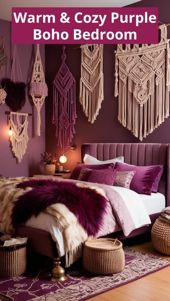 Purple Boho Bedroom – A dreamy purple boho bedroom with lavender hues, soft drapery, and artistic bohemian decor.
