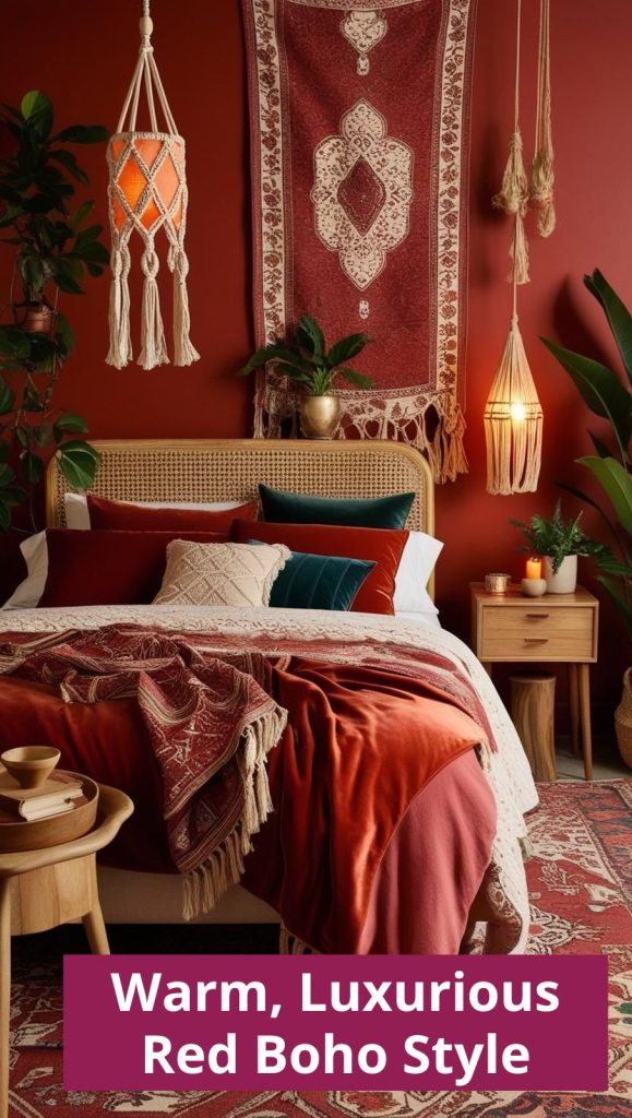 Red Boho Bedroom – A bold red boho bedroom with deep burgundy textiles, vintage rugs, and warm ambient lighting.