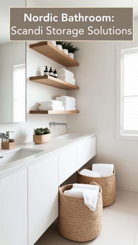 A Scandinavian bathroom with open wooden shelves, ceramic storage jars, and hidden cabinetry for a clean, uncluttered look.