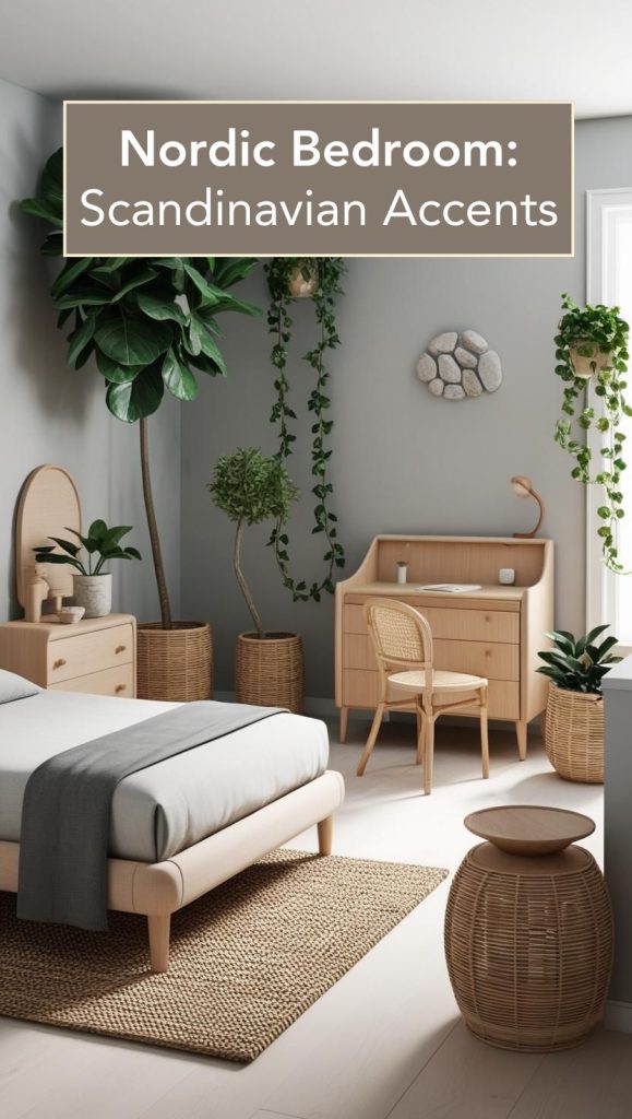 Scandinavian bedroom with subtle decor accents, such as ceramic vases and woven baskets.