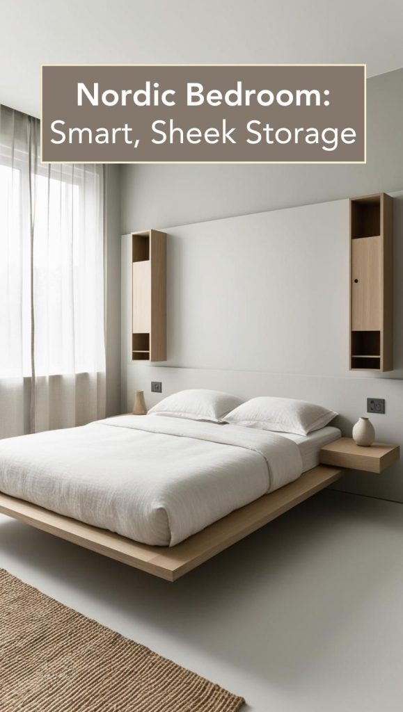 Clutter-free Scandinavian bedroom with smart storage solutions like under-bed drawers.