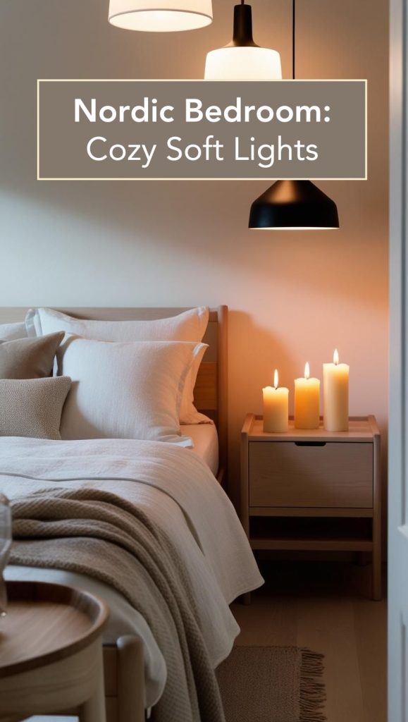 Warm and inviting Nordic bedroom with soft lighting, including pendant lamps and candles.